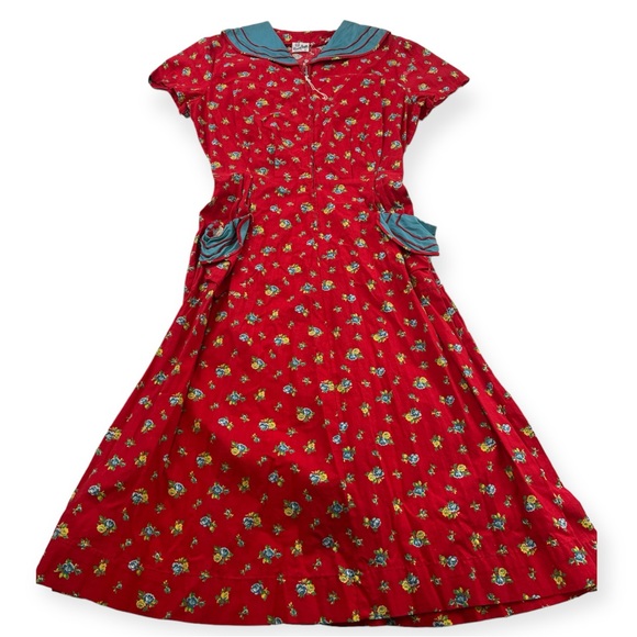 Vintage 50s 60s Princess Peggy women's red floral collar neck dress M  L77-30 - coffeafoods.com